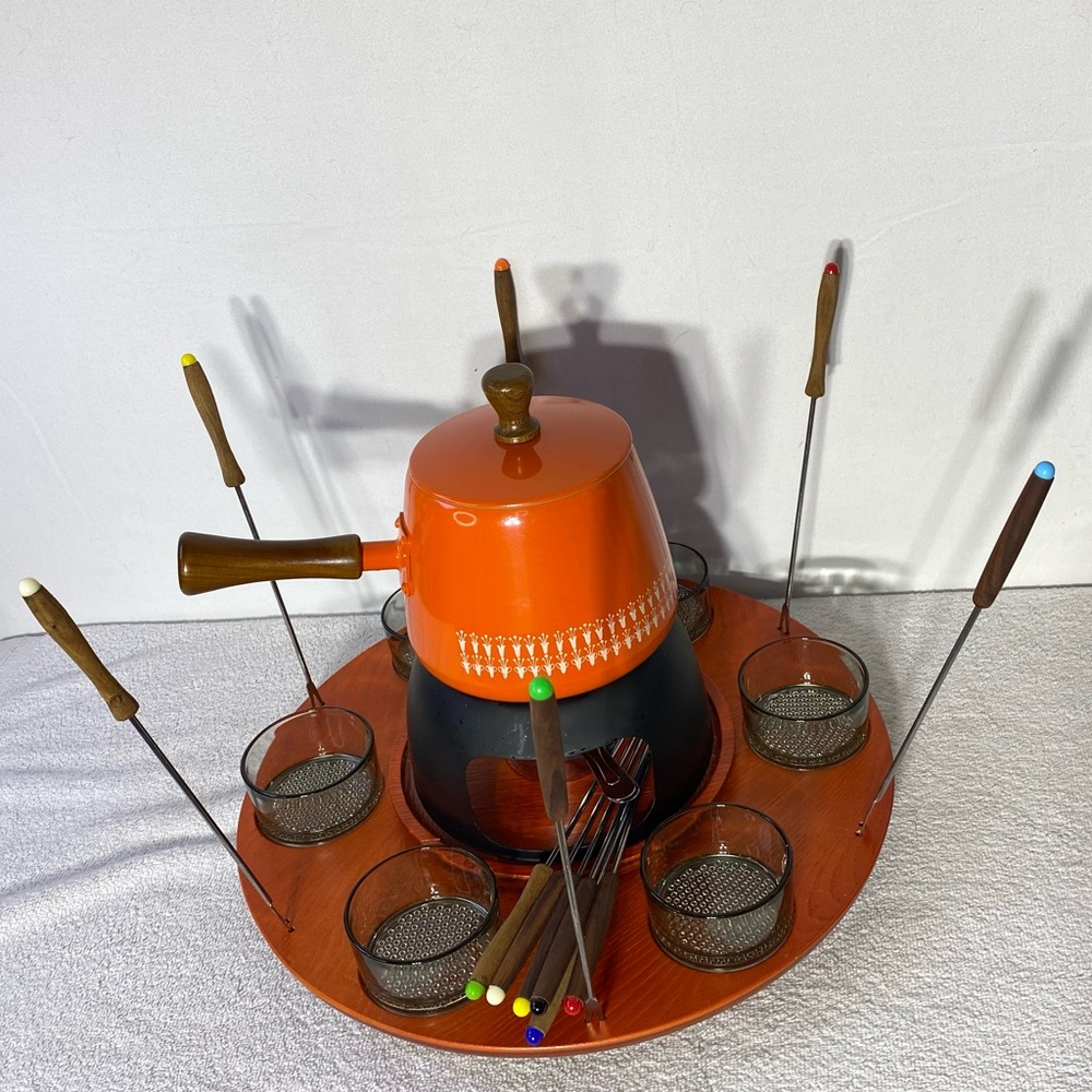 Vintage MCM Orange Meat Fondue Set with Skewers Lazy Susan & Sauce Dishes